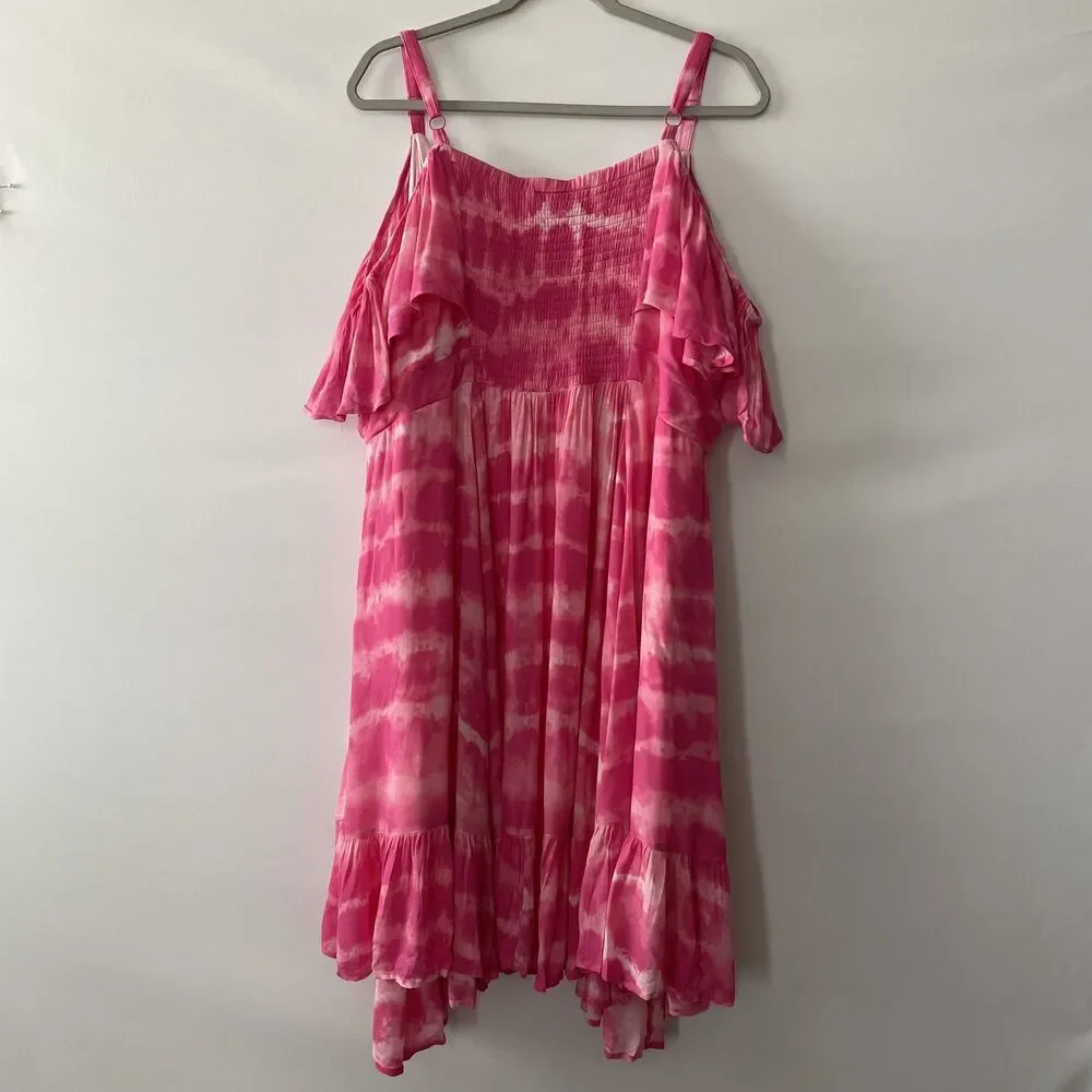 Torrid Cold Shoulder Ruffle Tie Dye Midi Dress Pink Rayon Women Size 3X - Picture 2 of 13
